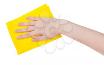 hand with yellow cleaning rag isolated on white background