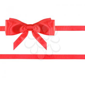 one red satin bow in upper left corner and two horizontal ribbons isolated on square white background