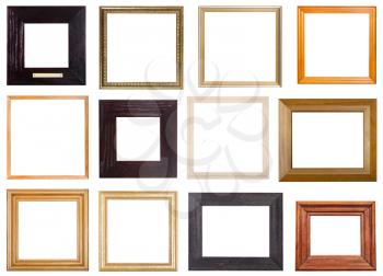 set of 12 pcs square wooden picture frames with cut out blank space isolated on white background