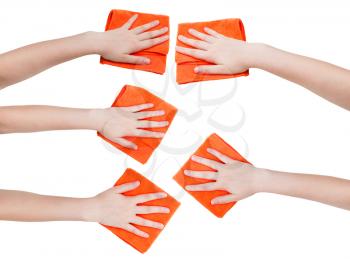 set of hands with orange microfibre rags isolated on white background