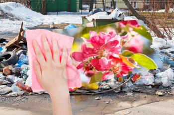 ecology concept - hand deletes urban dumpsters by pink cloth from image and spring pink blossoms are appearing