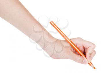 hand draws by orange pencil isolated on white background