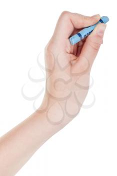 hand paints by blue crayon isolated on white background