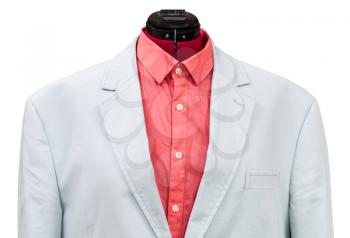 casual suit on tailor mannequin - blue cotton jacket with red shirt close up isolated on white background