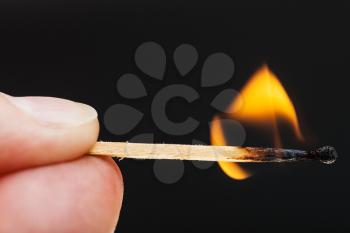 fingers with burning wooden match close up