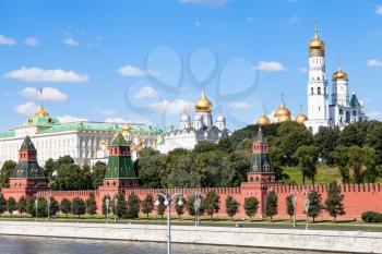 Moscow cityscape - Ivan the Great Bell Tower with Assumption Belfry, The Cathedral of the Archangel, State Palace in Moscow Kremlin, Russia in summer day