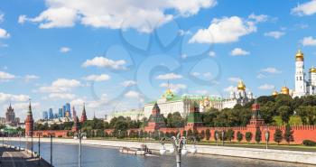 Moscow skyline - view of Kremlin embankment from Moskva River in sunny summer day