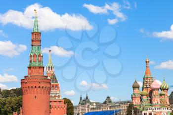 Moscow cityscape - Towers of Moscow Kremlin, Saint Basil Cathedral on Red Square of Moscow Kremlin in sunny summer day