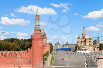 Moscow skyline - Vasilevsky Descent, Walls and Towers of Moscow Kremlin, Saint Basil Cathedral on Red Square of Moscow Kremlin in sunny summer day