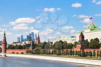 Moscow skyline - Kremlin embankment, State Palace, Moscow City district in sunny summer day
