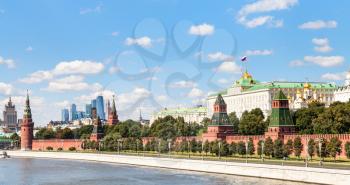 Moscow skyline - panoramic view of Moskva River, embankment, Kremlin, Moscow City district in sunny summer day