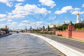 Moscow skyline - Kremlin embankment along Moskva River and Kremlin Cathedrals in Moscow in sunny smmer day