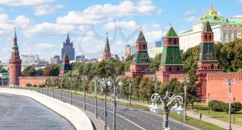 Moscow skyline - panoramic view of the Kremlin Embankment of Moskva River, Kremlin Walls and Towers in Moscow, Russia in summer day