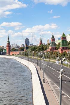 Moscow skyline - The Kremlin Embankment of Moskva River, Kremlin Towers in Moscow, Russia in summer day