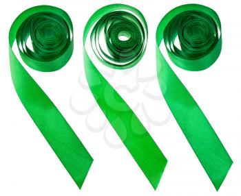 set of green satin decorative ribbons isolated on white background