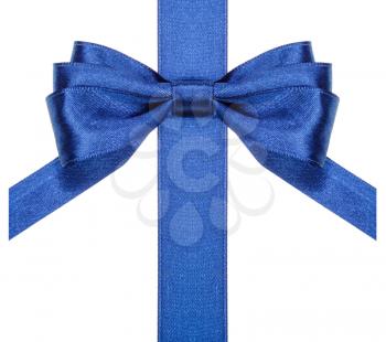 symmetric blue satin bow with vertical cut ends on vertical ribbon close up isolated on white background