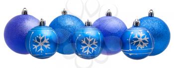 christmas decorations - line of xmas blue balls isolated on white background