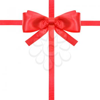 one red satin bow in upper middle and two intersecting ribbons isolated on square white background