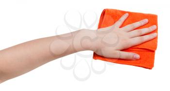 hand with orange dusting rag isolated on white background