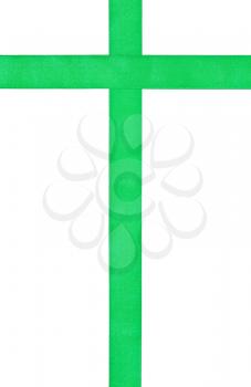 vertical set - two crossing green satin ribbons isolated on white background