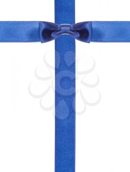 one blue satin bow knot in middle and two intersecting ribbons isolated on vertical white background