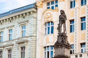 travel to Bratislava city - Maximilian statue on Roland Fountain on Main Square (Hlavne namestie) in Bratislava Old Town