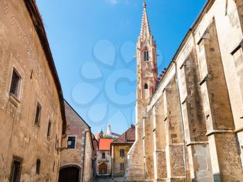 travel to Bratislava city - medieval houses, Convent of the Order of St Clare Nuns (Poor Clares) on Farska street and Castle on hill in Bratislava