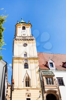 travel to Bratislava city - front view of tower of Old Town Hall from Main Square in Bratislava