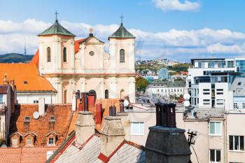 travel to Bratislava city - above view of houses and Trinitarian Church in old town of Bratislava