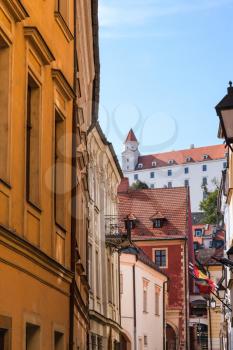 travel to Bratislava city - view of Bratislava castle from Bastova street in old town