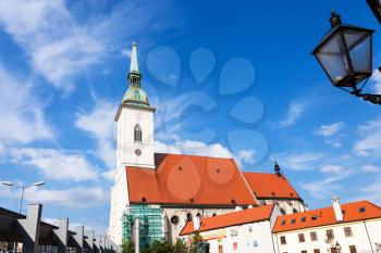 travel to Bratislava city - view of St. Martin Cathedral from Rybne namestie (square) in Bratislava