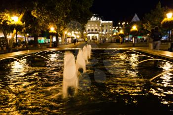 travel to Bratislava city - fountain at Hviezdoslavovo namestie (Hviezdoslav Square) in Bratislava in night
