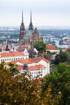 travel to Brno city - above view of Brno city with Cathedral of Saints Peter and Paul, Czech