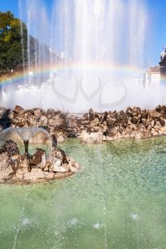 travel to Vienna city - rainbow in Hochstrahlbrunnen fountain, Vienna, Austria