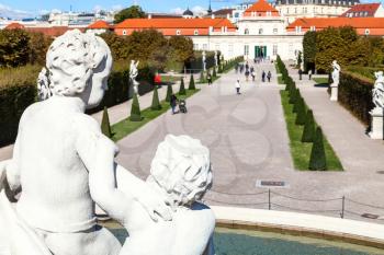 travel to Vienna city - view of Lower Belvedere Palace from Lower Fountains, Vienna, Austria