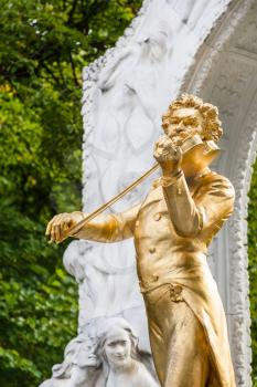 travel to Vienna city - statue Waltz King Johann Strauss son close up in Stadtpark (City Park) Vienna, Austria