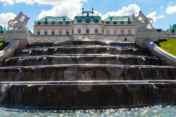 travel to Vienna city - upper fountain cascade and Upper Belvedere Palace, Vienna, Austria