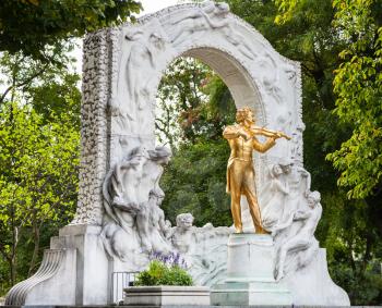 travel to Vienna city - golden monument of Waltz King Johann Strauss son in Stadtpark (City Park) Vienna, Austria