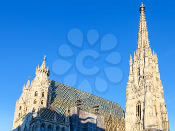 travel to Vienna city - towers of Stephansdom (St. Stephen's cathedral), Vienna and blue sky, Austria