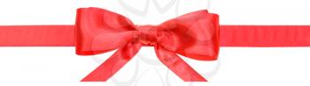 narrow red satin ribbon with real bow with horizontal cut ends isolated on white background