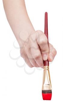 direct view of hand with red artistic flat paintbrush isolated on white background