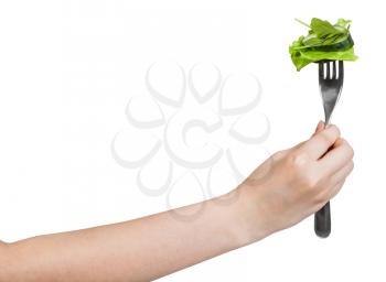 hand holds fork with impaled fresh green salad isolated on white background
