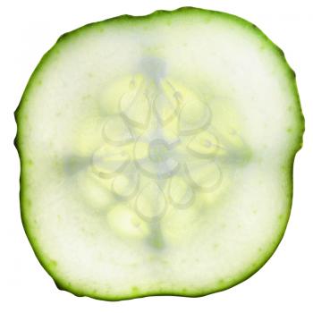 round slice of fresh cucumber isolated on white background