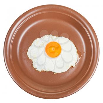 top view of fried egg on brown ceramic plate isolated on white background