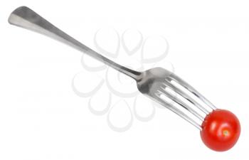fork with one fresh cherry tomato isolated on white background