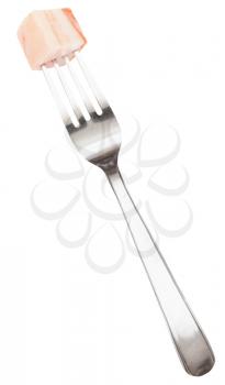 dinning fork with impaled piece of lard isolated on white background