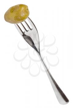 fork with one green olive isolated on white background