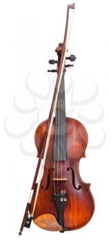 front view of full size violin with wooden chinrest and bow isolated on white background