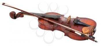 full size violin with wooden chinrest and bow isolated on white background