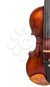 half of old violin isolated on white background and empty copyspace